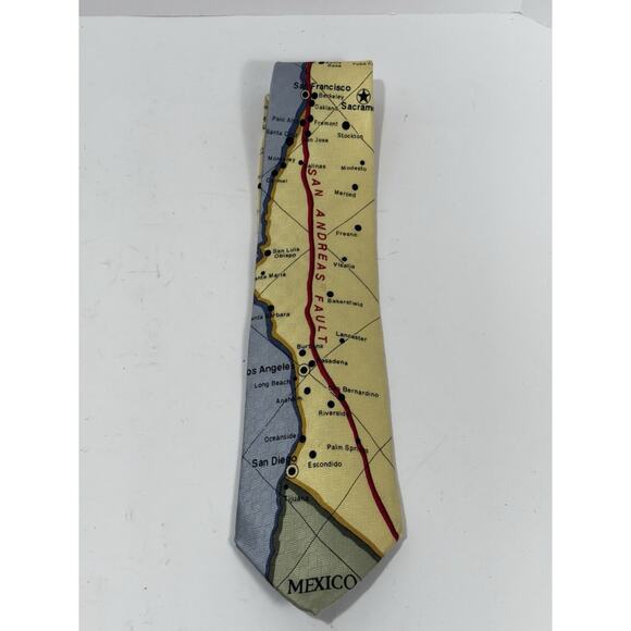 Josh Back SoCal San Andreas Fault Line Map 100% Silk Mens Tie Yellow - Picture 1 of 5